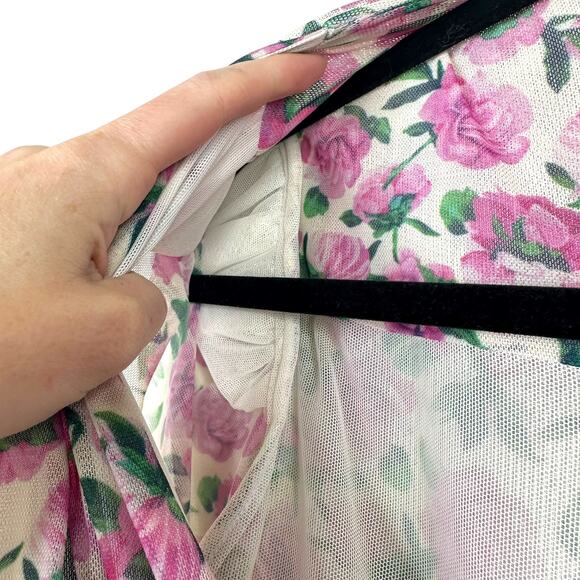 IORANE NWOT Revolve Mini Pink Floral Tulle Puff Shoulder Sheer Mesh Bodysuit XS - Picture 7 of 10